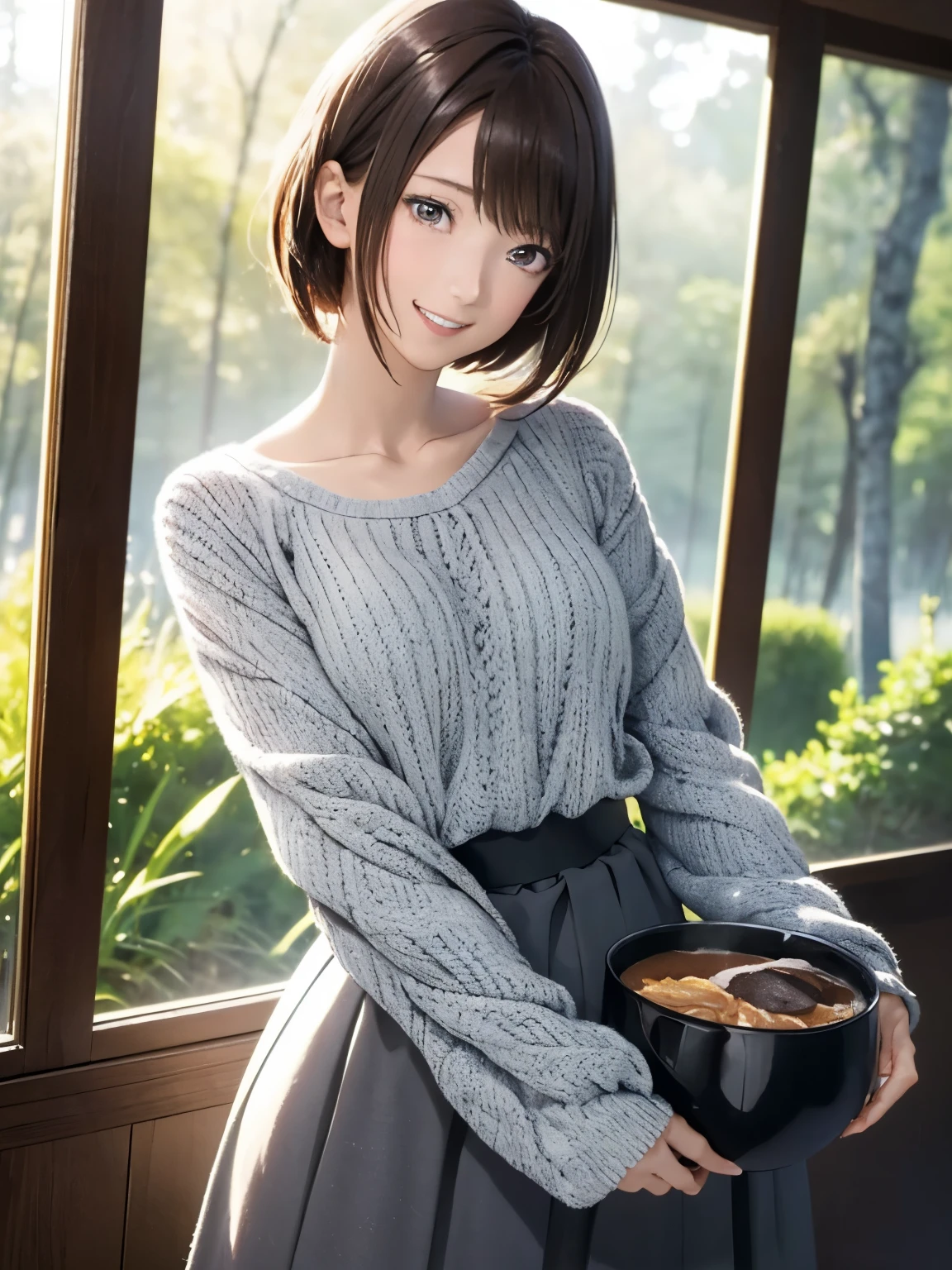 High resolution, 8k, Highest quality, detailed, Semi-realistic anime, Anime 3D Style, Smooth anime CG, One Girl, A 20-year-old Japanese woman, slim, Modeled, Shiny brown hair, detailedな顔, Beautiful and detailed, Glowing Skin, Hard Focus、Film Grain, Soft lighting, Looking at the audience, Laughter, (A woman wearing a long-sleeved knit and a long skirt), Tranquil lakeside forest、Foggy early morning landscape