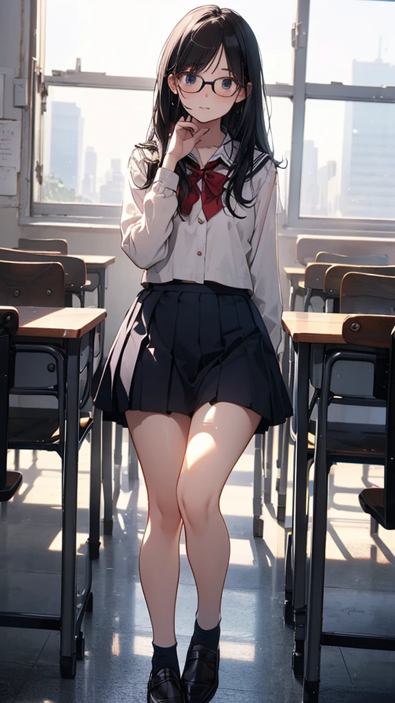 summer、empty classroom、thick、Sweat、high school girl、Low length、(((Long black hair:1.2　hair band)))(((Black-rimmed glasses:1.2　black eye)))、Backlight、evening、Nostalgic atmosphere、Look at this、High position、Full Body Shot、glamorous、Checked mini skirt、Navy knit vest、loafers、Skirt flip、Showing sexy panties、(Flip up your skirt with both hands)、avert your eyes、Plump thighs、Thin pubic hair、(((Front view))), Beautiful details, 16K, Absurd, masterpiece, Very detailed, beautiful girl, Anguished expression