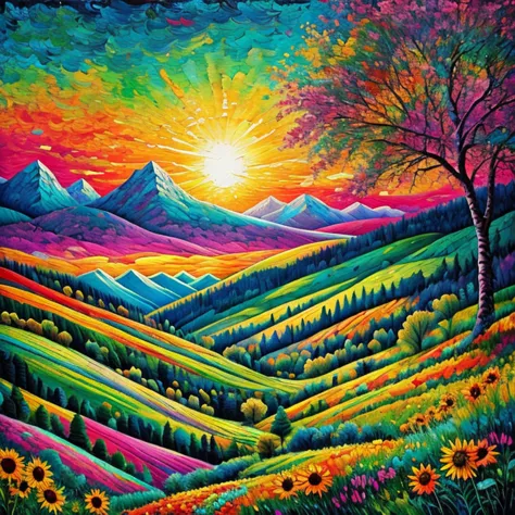 masterpiece, best composition, dynamic composition, colorful landscape painting with sunflowers, trees and hills, colorful lands...