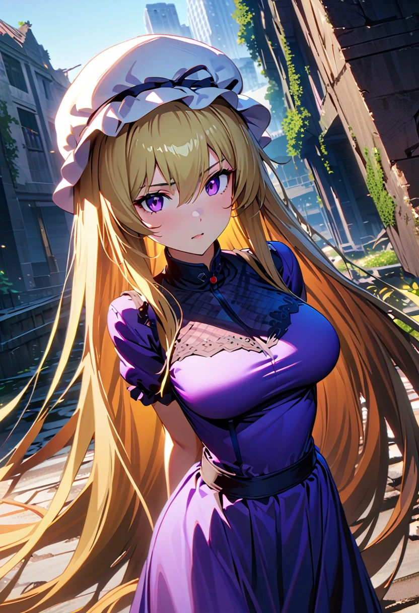 {yakumo_yukari_Touhou:1.15},Long shot of a girl standing in the ruins of a high-rise building,Ivy-covered ruins,(((Ruins of a big city)),((masterpiece, Highest quality, Extremely detailed CG, unity 8k wallpaper )),(masterpiece, Highest quality, Highest quality, Official Art, beautiful,aesthetic:1.2),Purple Dress,Long skirt,ribbon, hat, mob cap, hat ribbon, white headwear, bangs, breasts, hair between eyes, hair bow, large breasts, very long hair,(((Blonde))),Very colorful,Very vivid,High-precision images,Ultra-high resolution,unrealistic,beautiful顔,Perfect Face,Photorealistic Background,High resolution face,Detailed face,Ray Tracing