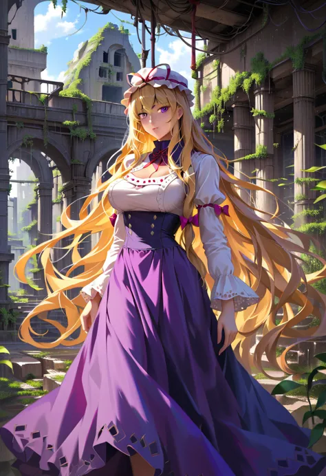 {yakumo_yukari_touhou:1.15},long shot of a girl standing in the ruins of a high-rise building,ivy-covered ruins,(((ruins of a bi...