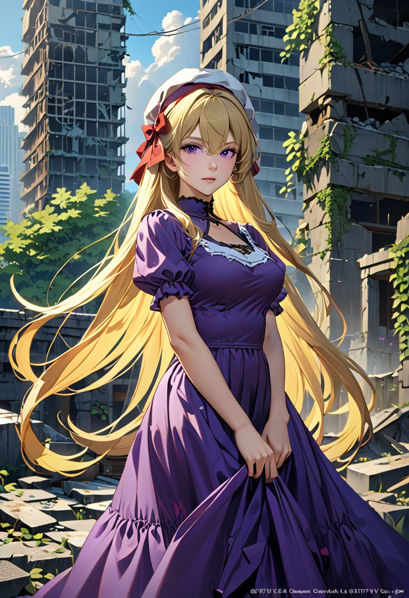 {yakumo_yukari_Touhou:1.15},Long shot of a girl standing in the ruins of a high-rise building,Ivy-covered ruins,(((Ruins of a big city)),((masterpiece, Highest quality, Extremely detailed CG, unity 8k wallpaper )),(masterpiece, Highest quality, Highest quality, Official Art, beautiful,aesthetic:1.2),Purple Dress,Long skirt,ribbon, hat, mob cap, hat ribbon, white headwear, bangs, breasts, hair between eyes, hair bow, large breasts, very long hair,(((Blonde))),Very colorful,Very vivid,High-precision images,Ultra-high resolution,unrealistic,beautiful顔,Perfect Face,Photorealistic Background,High resolution face,Detailed face,Ray Tracing