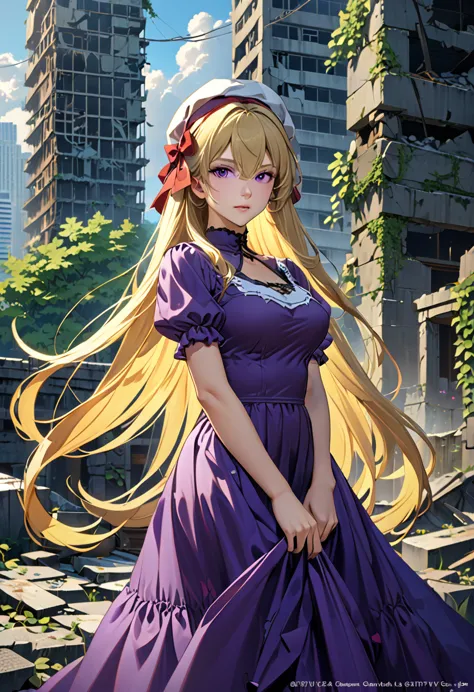 {yakumo_yukari_touhou:1.15},long shot of a girl standing in the ruins of a high-rise building,ivy-covered ruins,(((ruins of a bi...