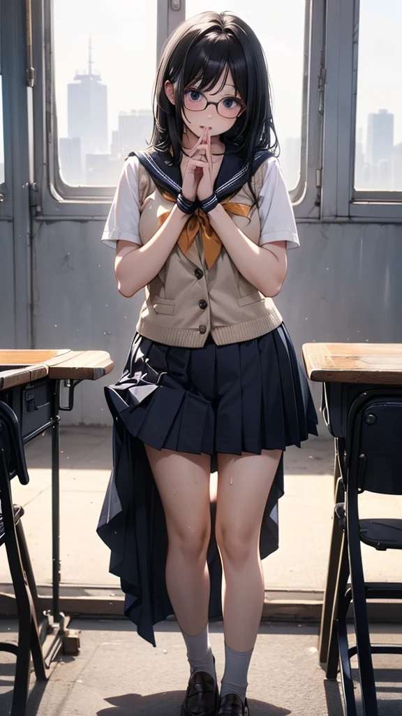 summer、empty classroom、thick、Sweat、high school girl、Low length、(((Long black hair:1.2　hair band)))(((Black-rimmed glasses:1.2　black eye)))、Backlight、evening、Nostalgic atmosphere、Look at this、High position、Cowboy Shot、glamorous、Checked mini skirt、Navy knit vest、loafers、Skirt flip、Showing sexy panties、(Flip up your skirt with both hands)、avert your eyes、Plump thighs、Thin pubic hair、(((Front view))), Beautiful details, 16K, Absurd, masterpiece, Very detailed, beautiful girl, Anguished expression