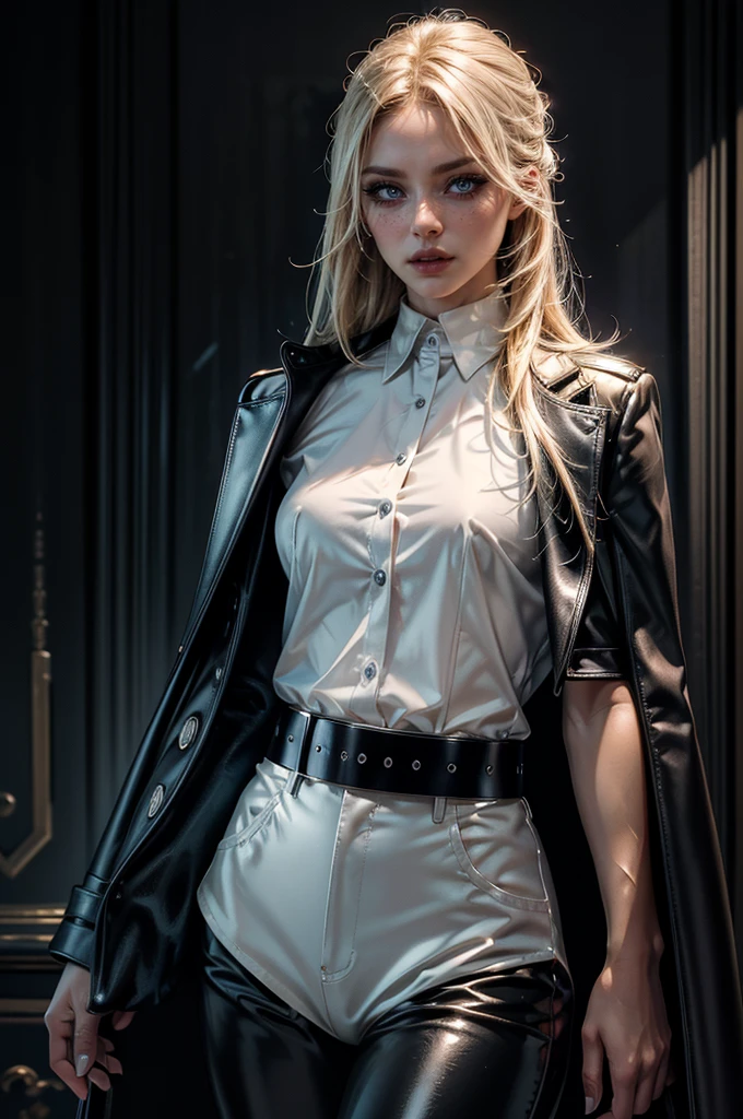 cowboy shot,a pretty 2 girl,blond hair,blue eyes,lora_Emma,slim athletic body,tight and stretched white blouse with buttons,button gap,short sleeves,pokies,ultra low rise black shiny latex pants,(double metal belt),empty studiobackground,((black coat on shoulders)),(best quality,4k,8k,highres,masterpiece:1.2),ultra-detailed,(realistic,photorealistic,photo-realistic:1.37),dramatic lighting,cinematic,fashion photography,studio lighting,high contrast,vivid colors,beautiful detailed eyes,beautiful detailed lips,extremely detailed eyes and face,long eyelashes, touching hair