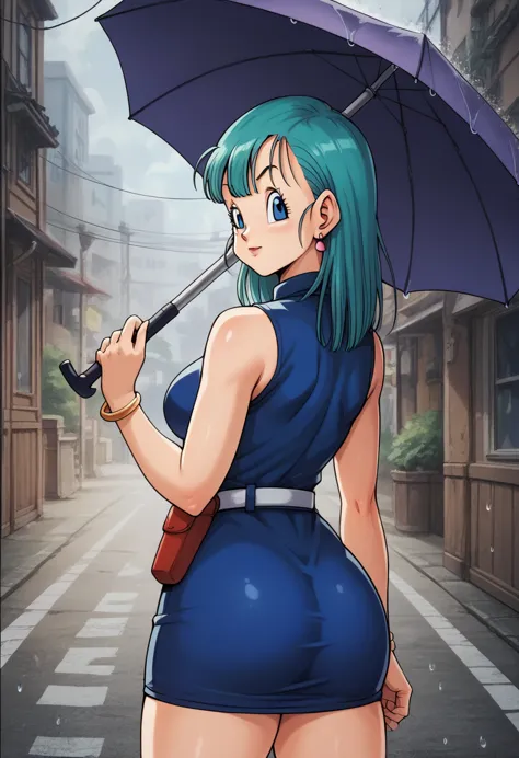 score_9, score_8_up, score_7_up, break, score_9, bulma \(dragonball\), aqua hair, blue eyes, holding a umbrella, aged_up, bracel...