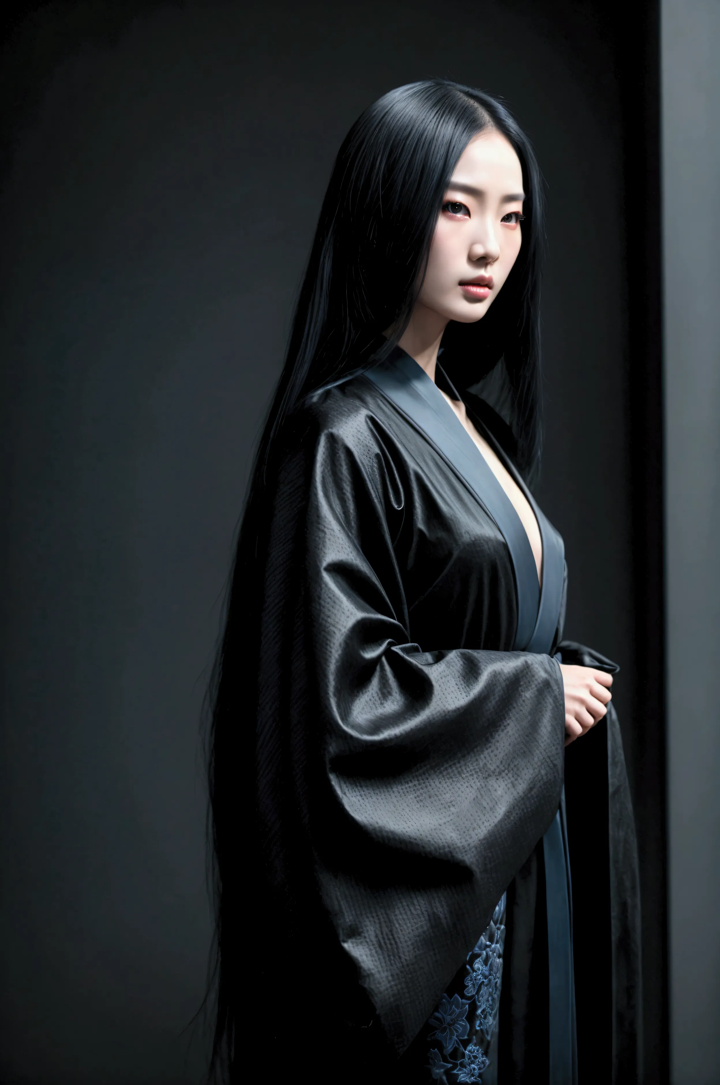 dark techno, cyberpunk,「realistic image of a asia model she is elegant, pale, perfect and long skin, flowing black hair that ble...