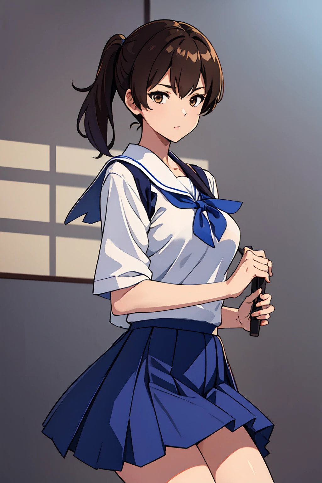 best quality, masterpiece, highres, solo, {kaga_kantaicollection:1.15}, brown_hair, side_ponytail, brown_eyes, short_hair, breasts, long_hair, 1girl, White school uniform Blue skirt cowboy shot Simple background