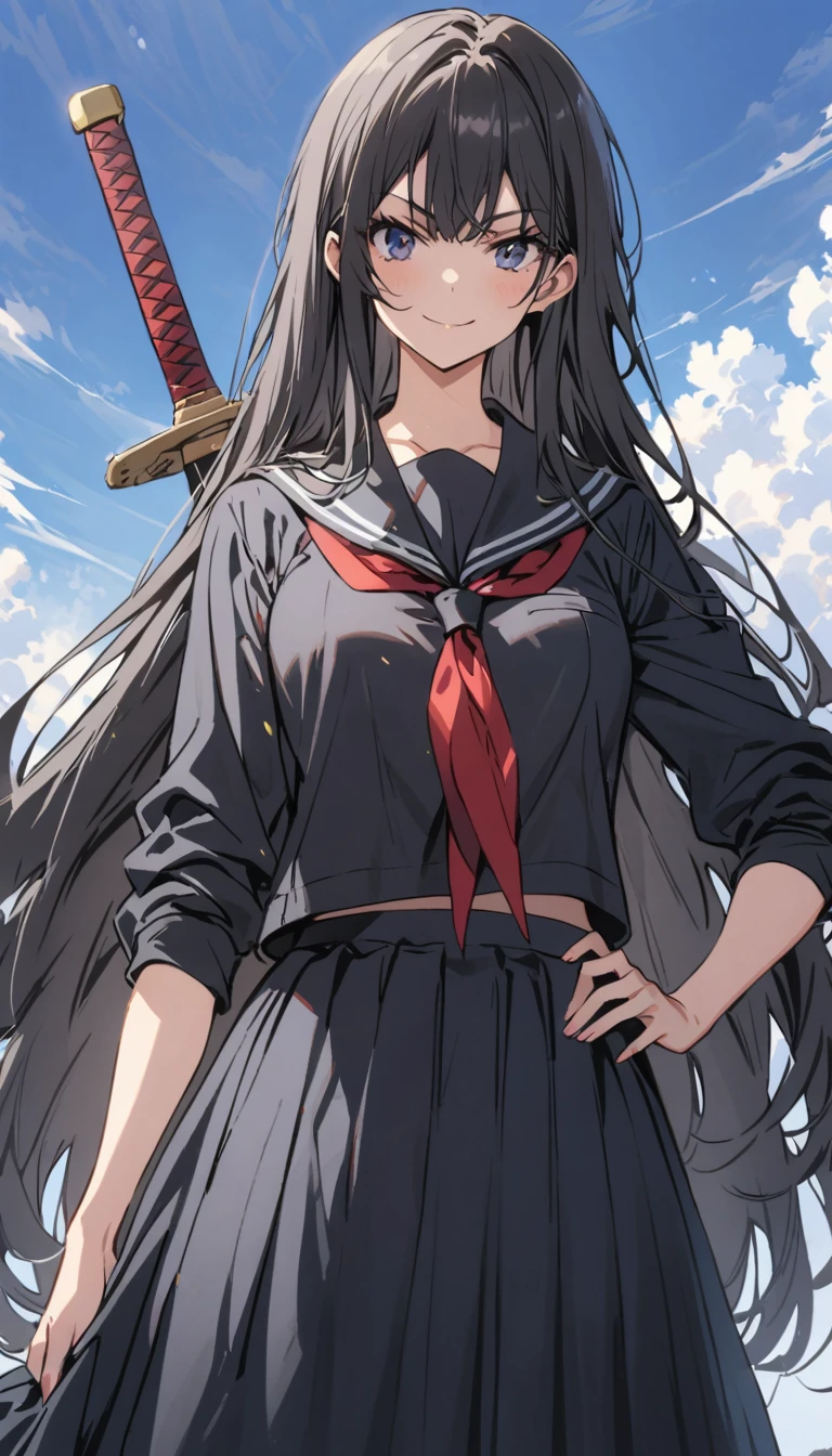 high school girl　beauty　Black Hair　Straight Long Hair　smile　Glare　frivolous attitude　Glaring at me　Black Sailor Suit　Long skirt　Roll up your sleeves　belly button　Put your hands on your hips　Carrying a sword on your shoulder　School