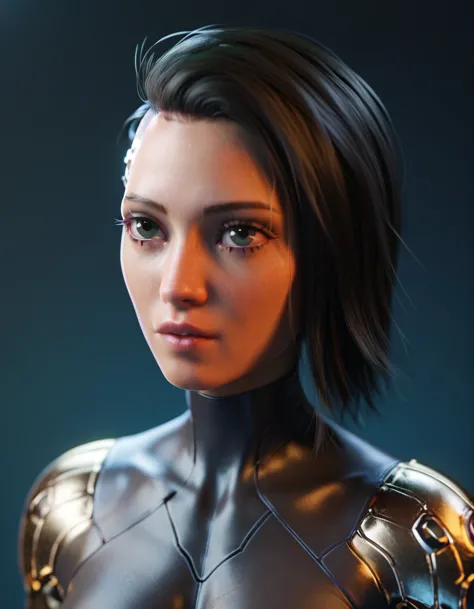 alita, bblack hair, eyes browns, eyes large, upper part, latex blouse, looking at the spectator, ssmile, metal body, robotic bod...