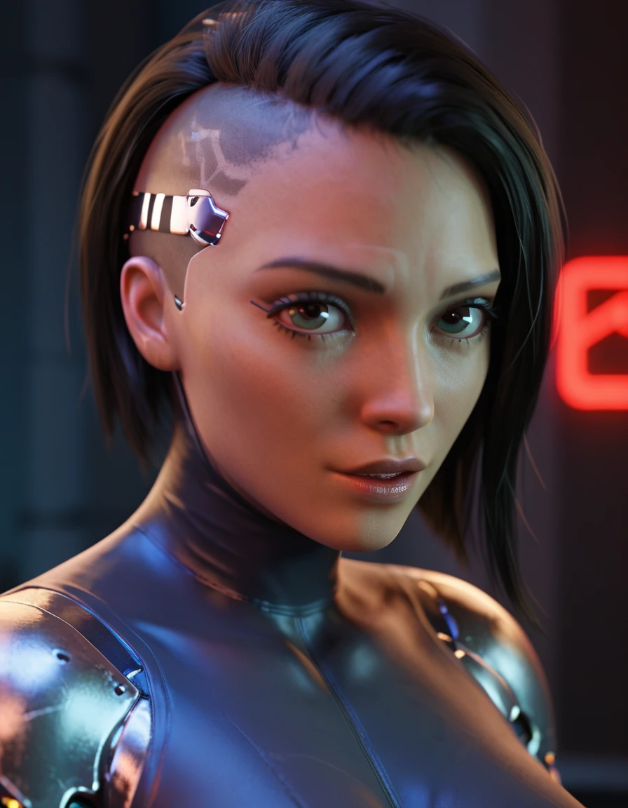 Alita, Bblack hair, eyes browns, eyes large, upper part, latex blouse, looking at the spectator, ssmile, Metal body, robotic body, cyberpunk, best qualityer, cinematic quality