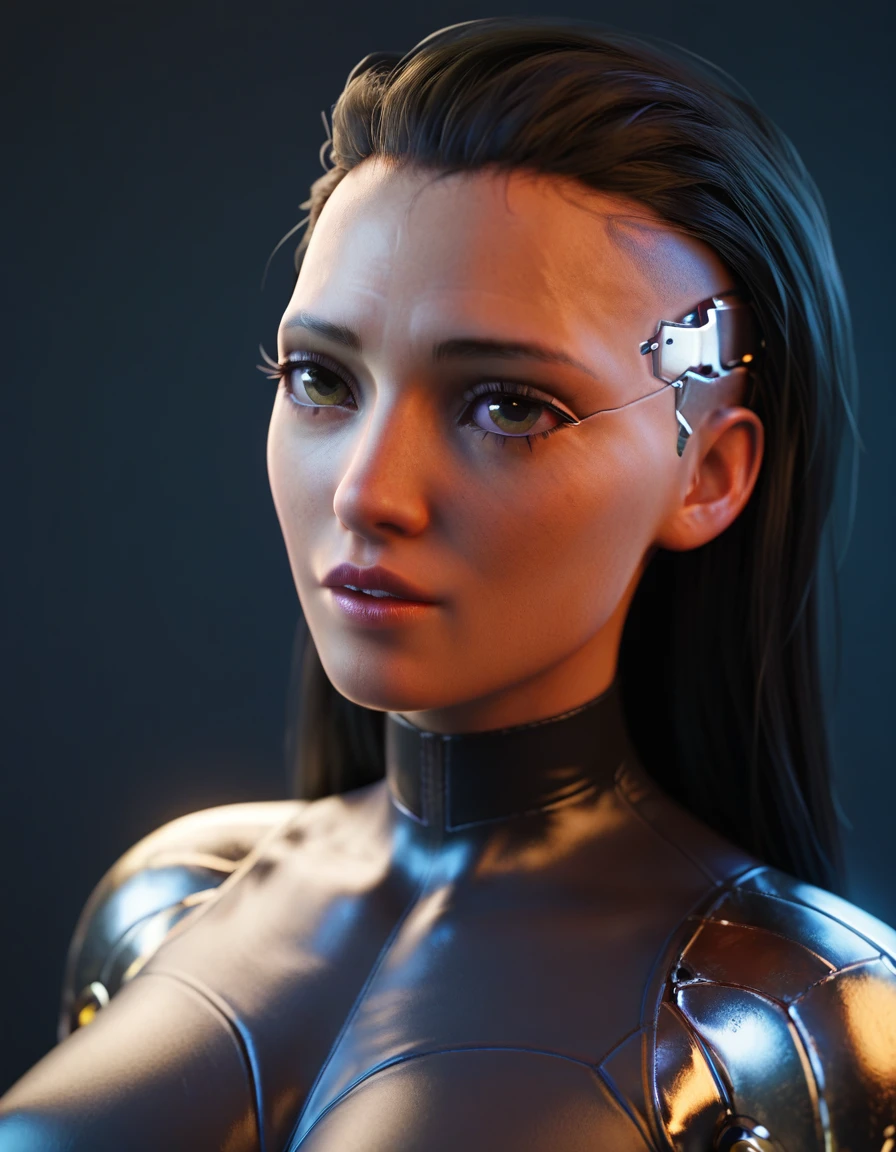 Alita, Bblack hair, eyes browns, eyes large, upper part, latex blouse, looking at the spectator, ssmile, Metal body, robotic body, cyberpunk, best qualityer, cinematic quality