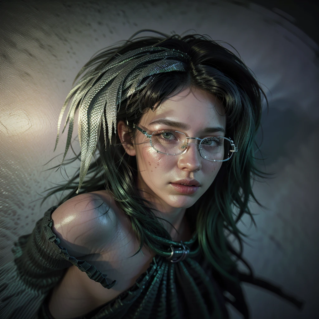 hot girl, green turqoise-colored hair, green eyes, metal frame glasses, nurse 15 years. ((elegance. gradient. photorealism. Unreal engine. 3D model. Ultra high quality textures. high detail. permission 8k)), selfie, seductive face 