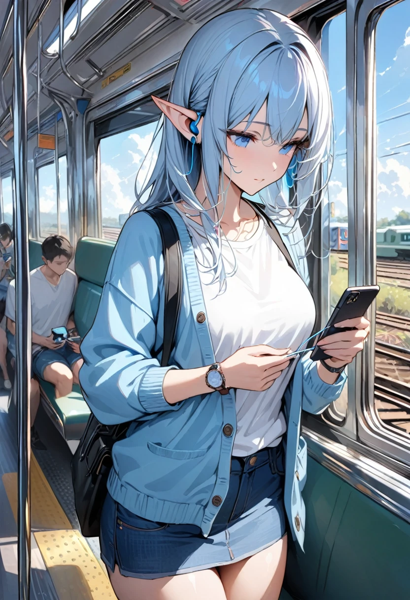 ((highest quality)), ((masterpiece)), (be familiar with), perfect face, elf, pointy ears, Bluetooth earphones, listening to music using earphones, operating a smartphone, White T-shirt, light cardigan, sky blue cardigan, Denim skirt, On the train, wristwatch