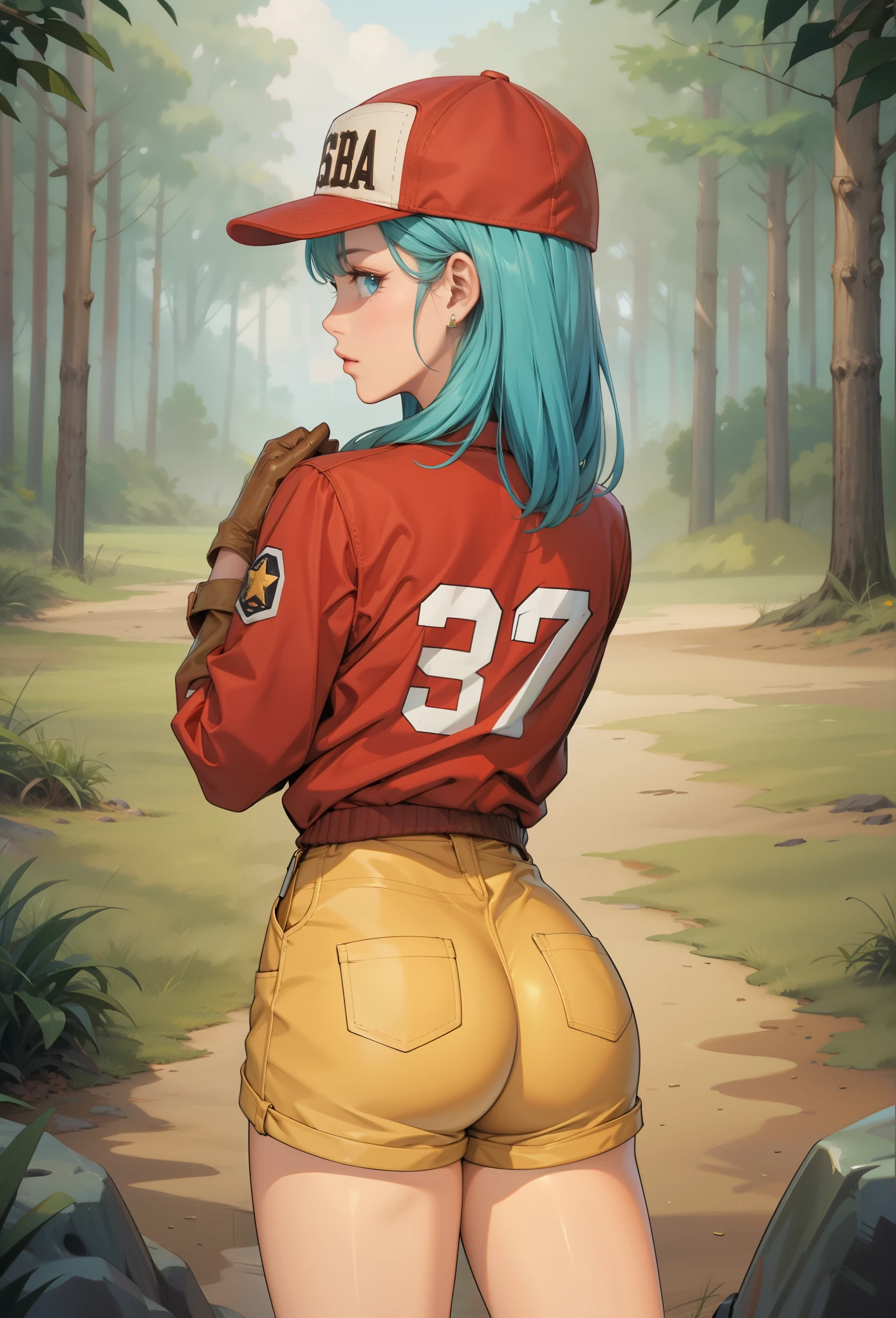 perfect eyes:1.2, detailed eyes:1.4, serious, blmlong, aqua hair, blue eyes, bangs, gloves, collarbone, jacket, eyelashes, straight hair, clothes writing, red jacket, brown gloves, zipper, brown shorts, baseball cap, fringe_trim, hat writing, looking at viewer, cowboy shot, ass, from behind, forest, cowboy shot, 1girl, solo, (masterpiece:1.6, best quality), 8k, insane details, intricate details, hyperdetailed, hyper quality, high detail, ultra detailed, professional, HDR, ray tracing reflection, cinematic lighting,
