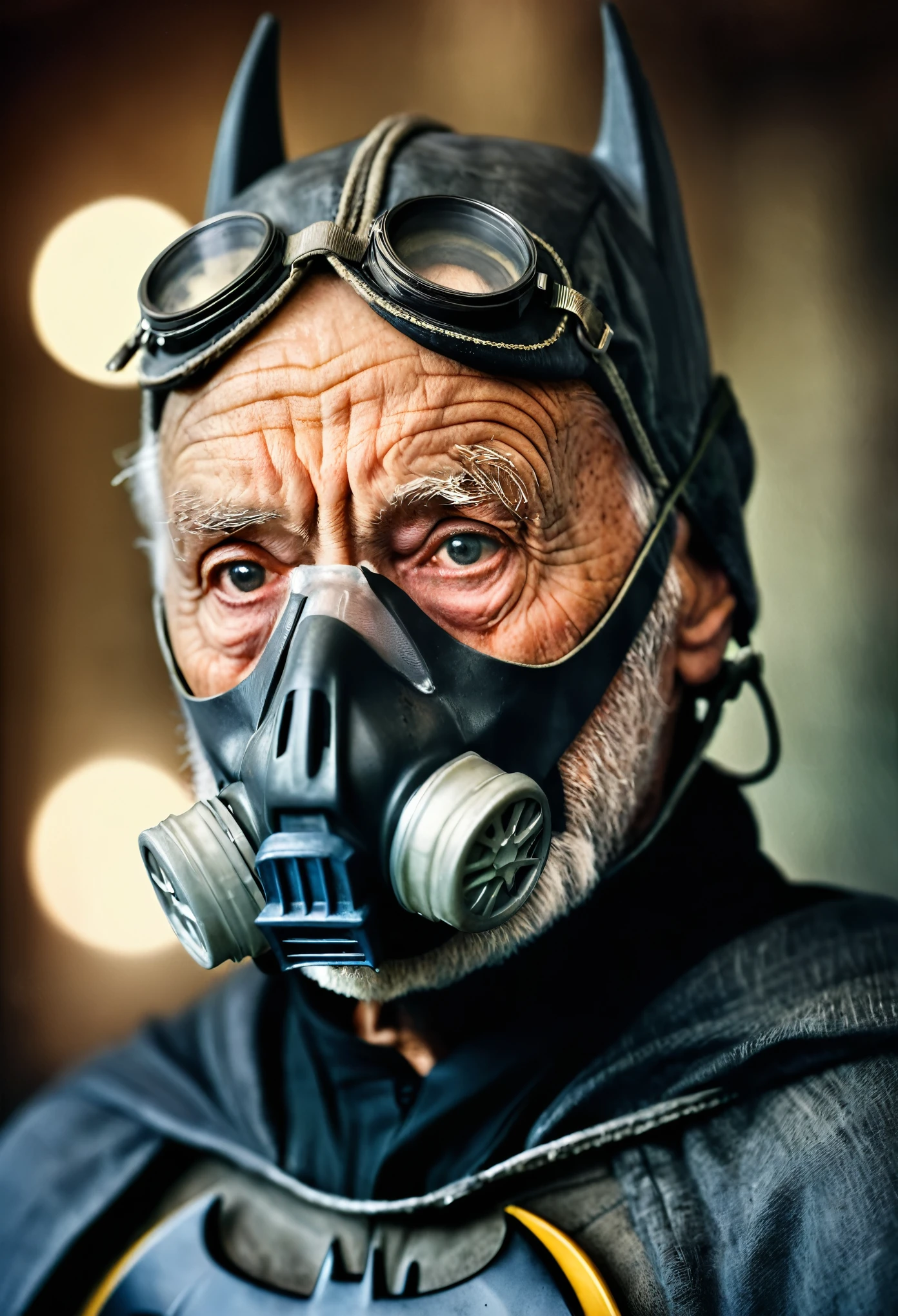 portrait of a very old batman, with Oxygen mask, with beard, wrinkles, visible skin pores, hyper realistic, insane detail, bokeh, blurred background, photorealistic, extreme realism, 35mm film photography, professional portrait, film photography style, high contrast, dramatic lights, telephoto lens, masterpiece