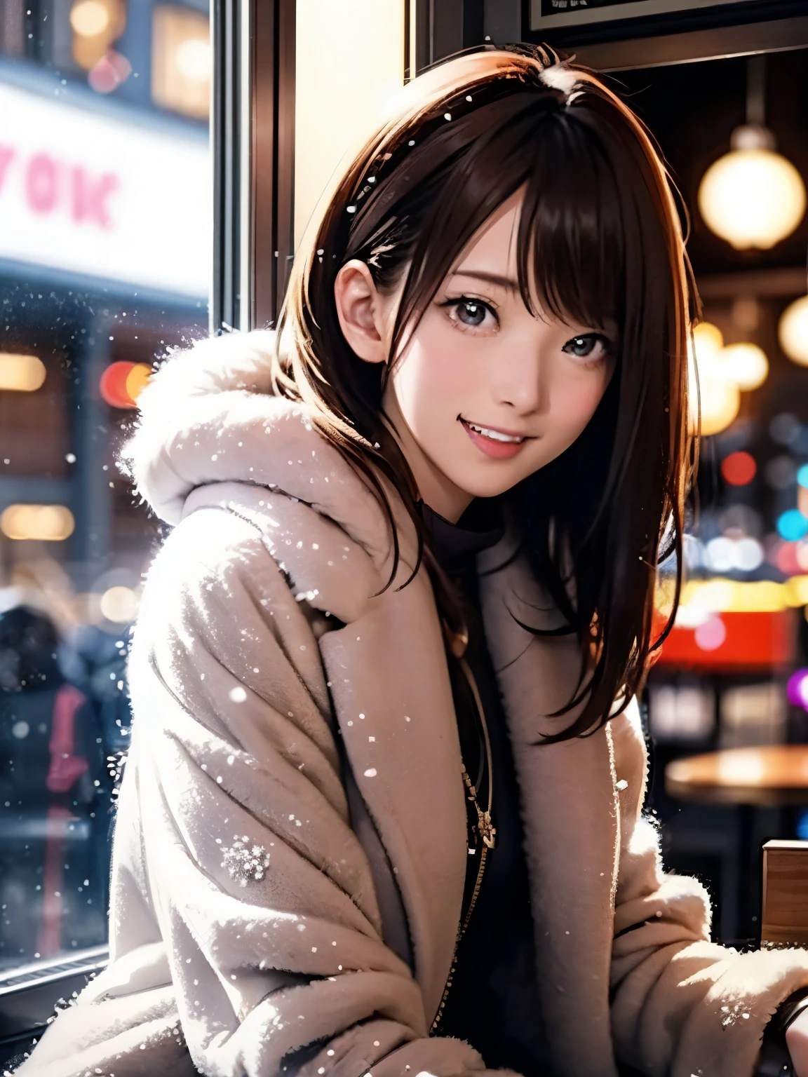 High resolution, 8k, Highest quality, detailed, Semi-realistic anime, Anime 3D Style, Smooth anime CG, One Girl, A 20-year-old Japanese woman, slim, Modeled, Shiny brown hair, detailedな顔, Beautiful and detailed, Glowing Skin, Hard Focus、Film Grain, Soft lighting, Looking at the audience, Laughter, (Woman wearing faux fur coat and boots), Snowy city night、A scene seen from a cafe window with warm lights