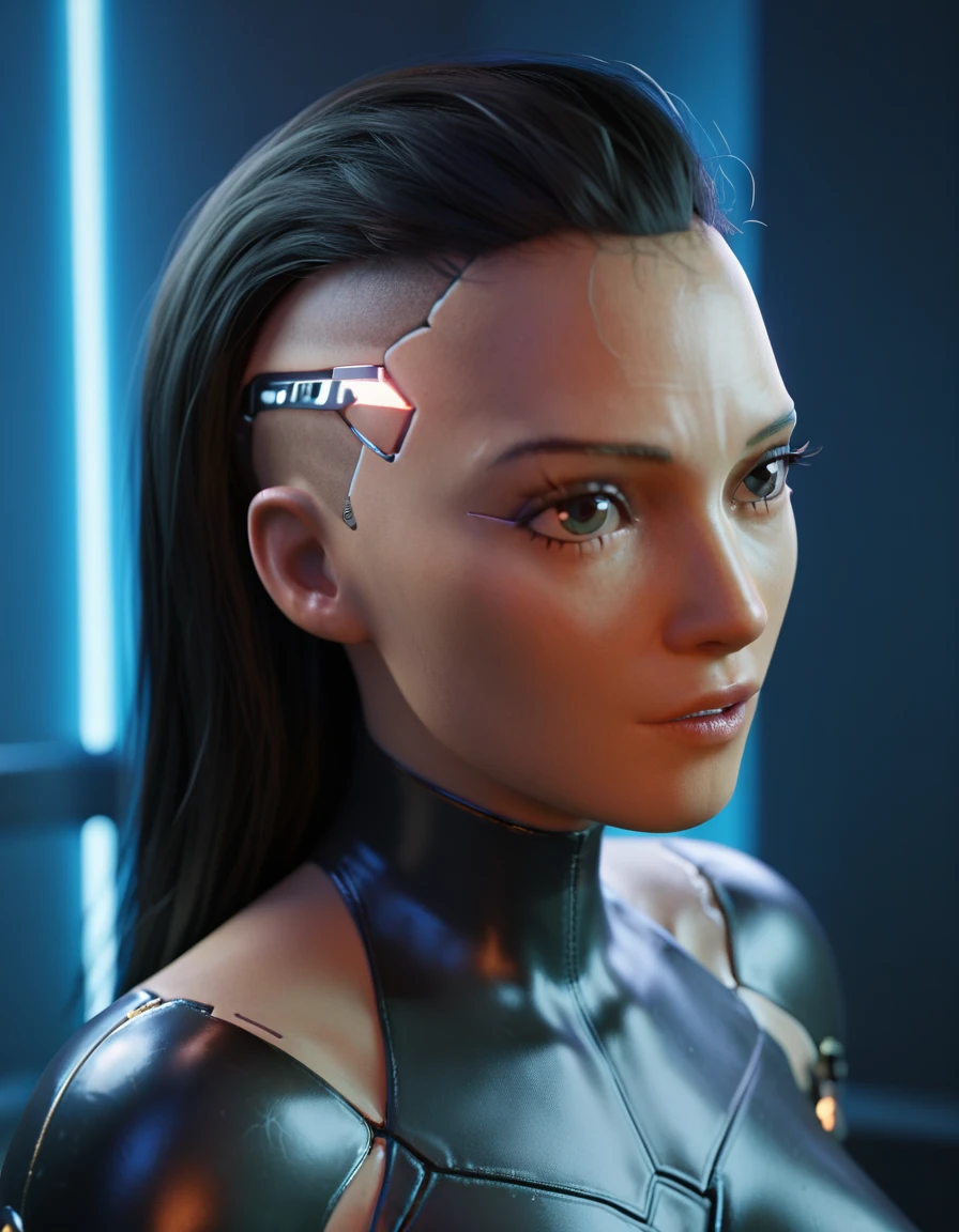 Alita, Bblack hair, ((eyes browns)), eyes large, upper part, latex blouse, looking at the spectator, ssmile, , robotic body, cyberpunk, best qualityer, cinematic quality