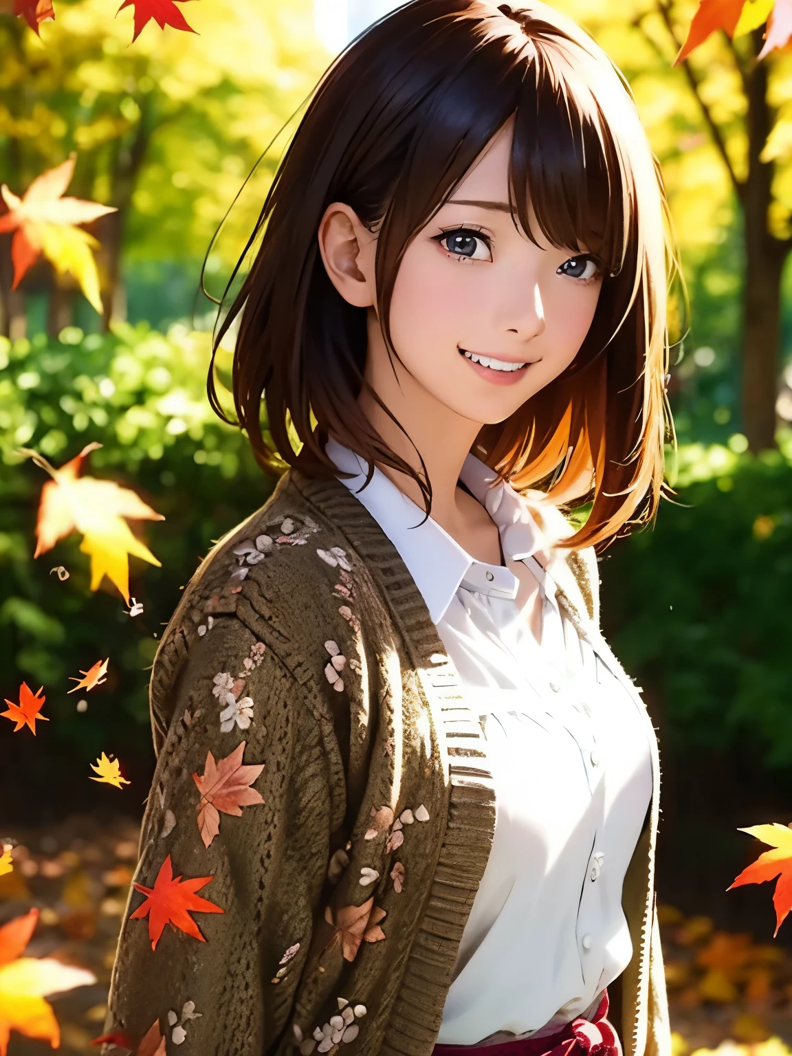 High resolution, 8k, Highest quality, detailed, Semi-realistic anime, Anime 3D Style, Smooth anime CG, One Girl, A 20-year-old Japanese woman, slim, Modeled, Shiny brown hair, detailedな顔, Beautiful and detailed, Glowing Skin, Hard Focus、Film Grain, Soft lighting, Looking at the audience, Laughter, (A woman wearing a floral dress and cardigan), Autumn park with colorful leaves、A scene of walking through fallen leaves