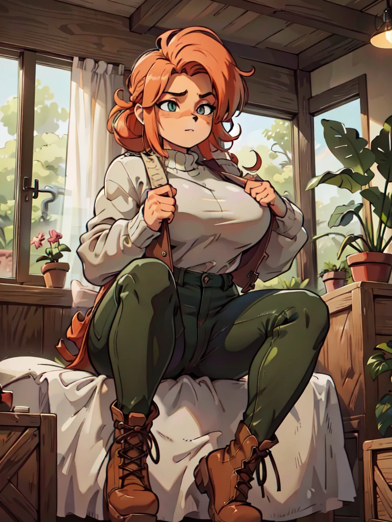 (best quality,4k,8k,highres,masterpiece:1.2),ultra-detailed,realistic:1.37,portrait,anthro bandicoot girl redhead, braided hair, beautiful green eyes, relaxing moment, sexy ,seductive, warm sweater, camouflage pants, army boots, smirking, cozy lighting, vibrant colors , girl anthro , sweater, camouflage pants, army boots.