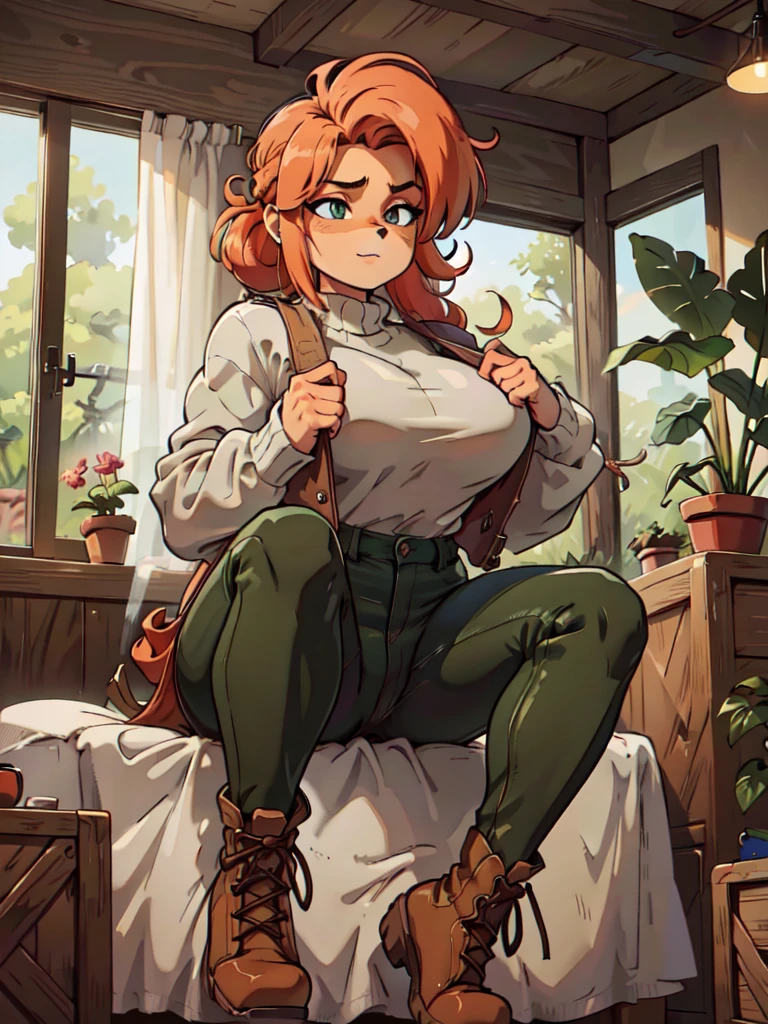 (best quality,4k,8k,highres,masterpiece:1.2),ultra-detailed,realistic:1.37,portrait,anthro bandicoot girl redhead, braided hair, beautiful green eyes, relaxing moment, sexy ,seductive, warm sweater, camouflage pants, army boots, smirking, cozy lighting, vibrant colors , girl anthro , sweater, camouflage pants, army boots.