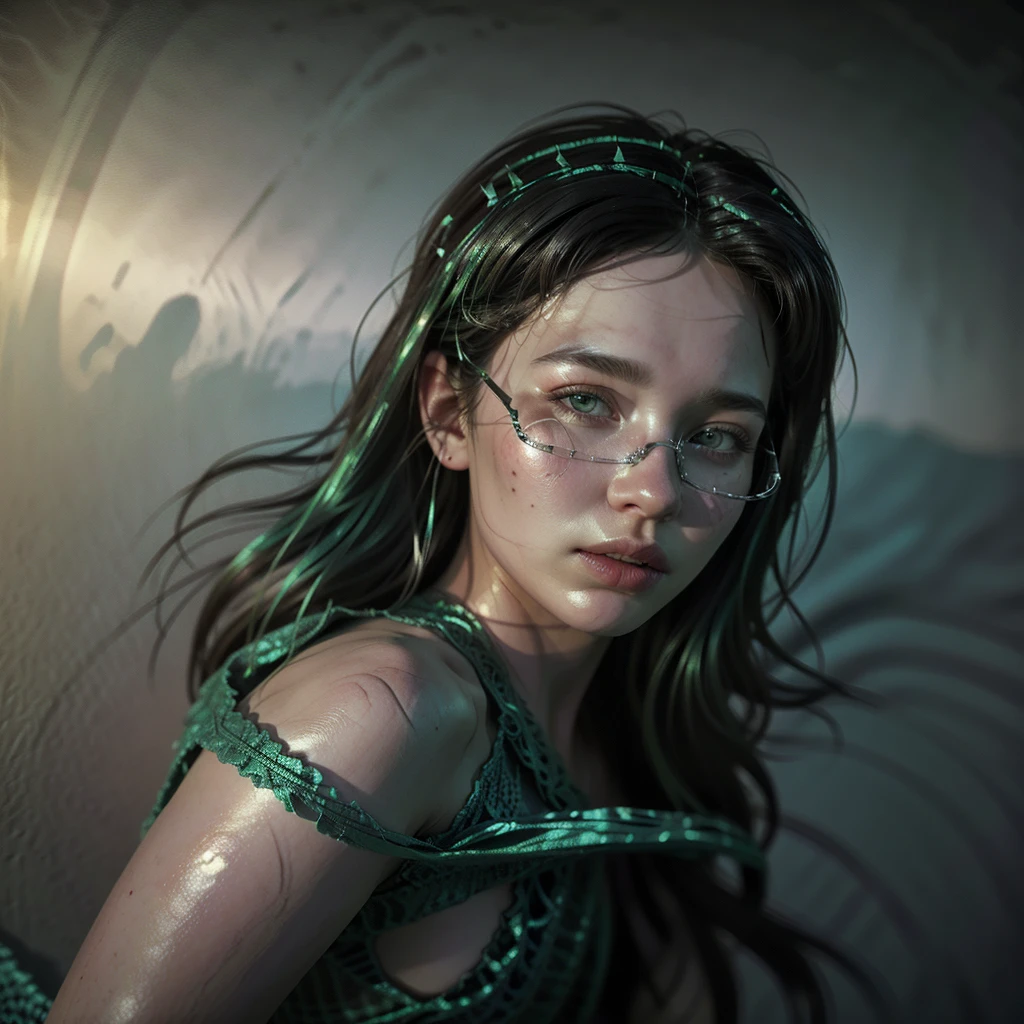 hot girl, green turquoise-colored hair, green eyes, metal frame glasses, nurse 15 years. ((elegance. gradient. photorealism. Unreal engine. 3D model. Ultra high quality textures. high detail. permission 8k)). Cleavage. Deep V. Seductive face.