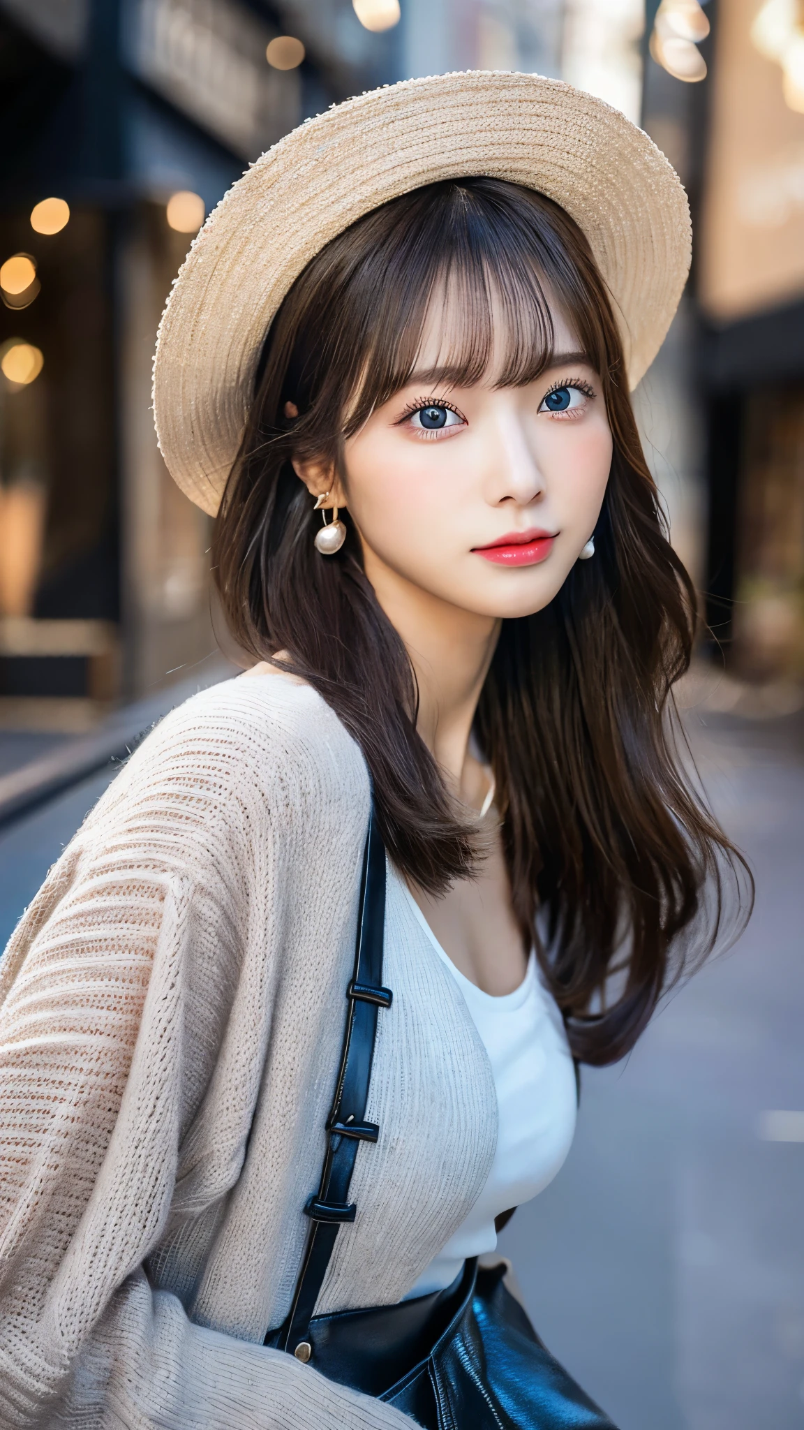 （３２hair,High resolution,Attention to detail,High resolution,high density,alone,In addition：1.3）,（A realistic person々,Live Action,fine grain,High resolutionの目,Beautiful Eyes,Eyes that look alive,Beautiful dark blue eyes,Fishing eyes,Detailed lips,Translucent white skin,Realistic face in every detail：1.3）,（Japanese Ido,hairorean Idols,Japanese Model,hairorean models,hairorean hair-Pop Female Idols：1.2）,（blush,Natural Makeup,necklace,Earrings,へそEarrings：1.4）（Shorts、Oversized mesh cardigan、Leather boots,hairnitted hats,Mode Style, Beautiful casual look：1.6）,（Shapely breasts：1.5）,（Young but very beautiful hairorean１ ,Laugh a little,turn around,looked back,Looking into the camera,Fashion Leader,Fashion Model,Soft Skin,Unforgettable Eyes,Her eyes are so beautiful,I want to go to the Paris Collection.........,Cutting-edge fashion：1.6、Left eye is red、Right eye blue、Face close-up