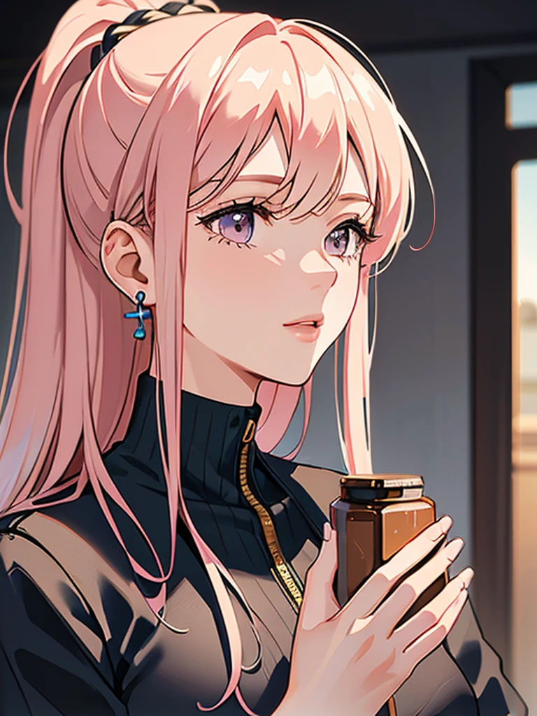 (masterpiece, high quality, 4k, 8k:1.4), 1girl, solo, pink hair, brown eyes, double-parted bangs, long hair, (mature female, mature:1.2), mole under eye, earrings, black shirt, brown jacket, blue jeans, close up, detailed face, beautiful detailed brown eyes, extremely detailed face, long eyelashes, intricate details, soft lighting, warm color palette, indoors