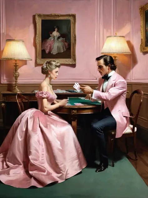 a painting of an elegant man in period sitting at his desk, playing cards with a beautiful woman dressed in a pink ballgown, sit...