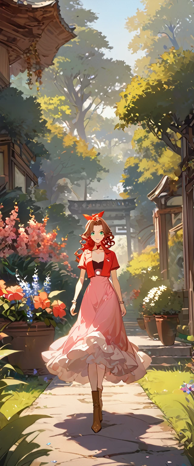 masterpiece, best quality, 8k, 4k, 1girl, aerith gainsborough, brown hair, high middle bang, longer side curly bang, long tight curly ponytail, green eyes, red hair ribbon, red bolero jacket, short sleeve jacket, cropped jacket, black tie choker, long pink straight dress, brown boots, bangles, walking in a garden, flowers, detailed background,, inspired by Asukaziye artist : ask, art style : ask