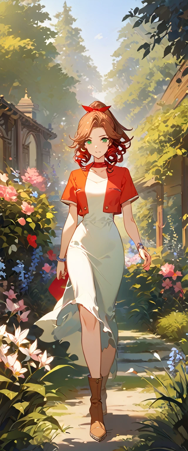 masterpiece, best quality, 8k, 4k, 1girl, aerith gainsborough, brown hair, high middle bang, longer side curly bang, long tight curly ponytail, green eyes, red hair ribbon, red bolero jacket, short sleeve jacket, cropped jacket, black tie choker, long pink straight dress, brown boots, bangles, walking in a garden, flowers, detailed background,, inspired by Asukaziye artist : ask, art style : ask