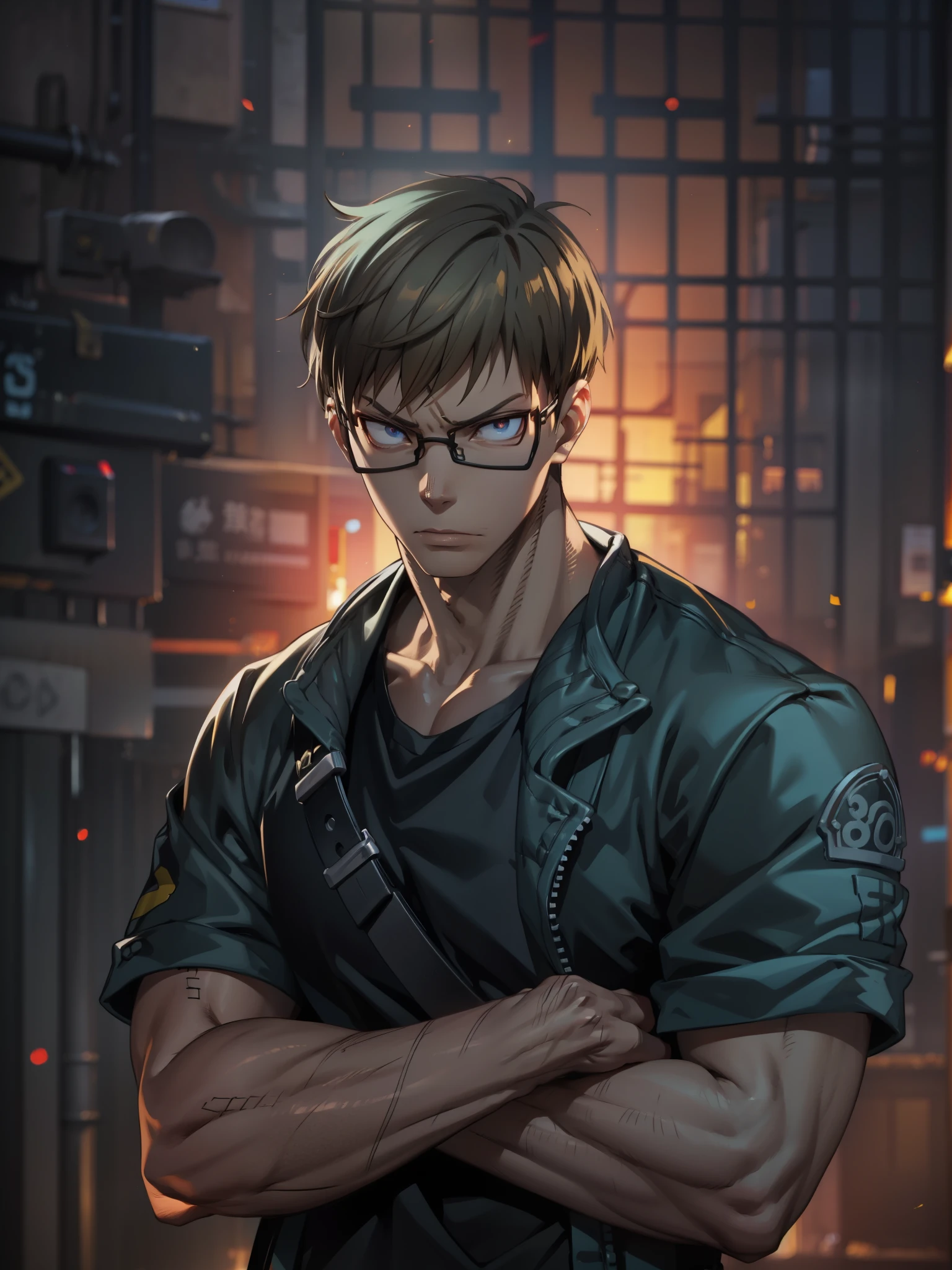 8k, Highly Detailed, Masterpiece, source_anime, best quality, beautifully detailed eyes and beautifully detailed hair, 1man, solo, young man with short brown hair and light skin, The character is wearing rectangular black glasses and has brown eyes, He has a serious expression with sharp, angular facial features, including prominent cheekbones and a defined jawline, He is dressed in a black shirt, The man is holding a hand near his face, with a serious expression and looking slightly to the side. The background consists of a grid wall with various firearms mounted on it, illuminated by a blue light. The overall scene has a serious and intense atmosphere, with a focus on the character's contemplative demeanor and the detailed background elements, the character is a member of the fire brigade