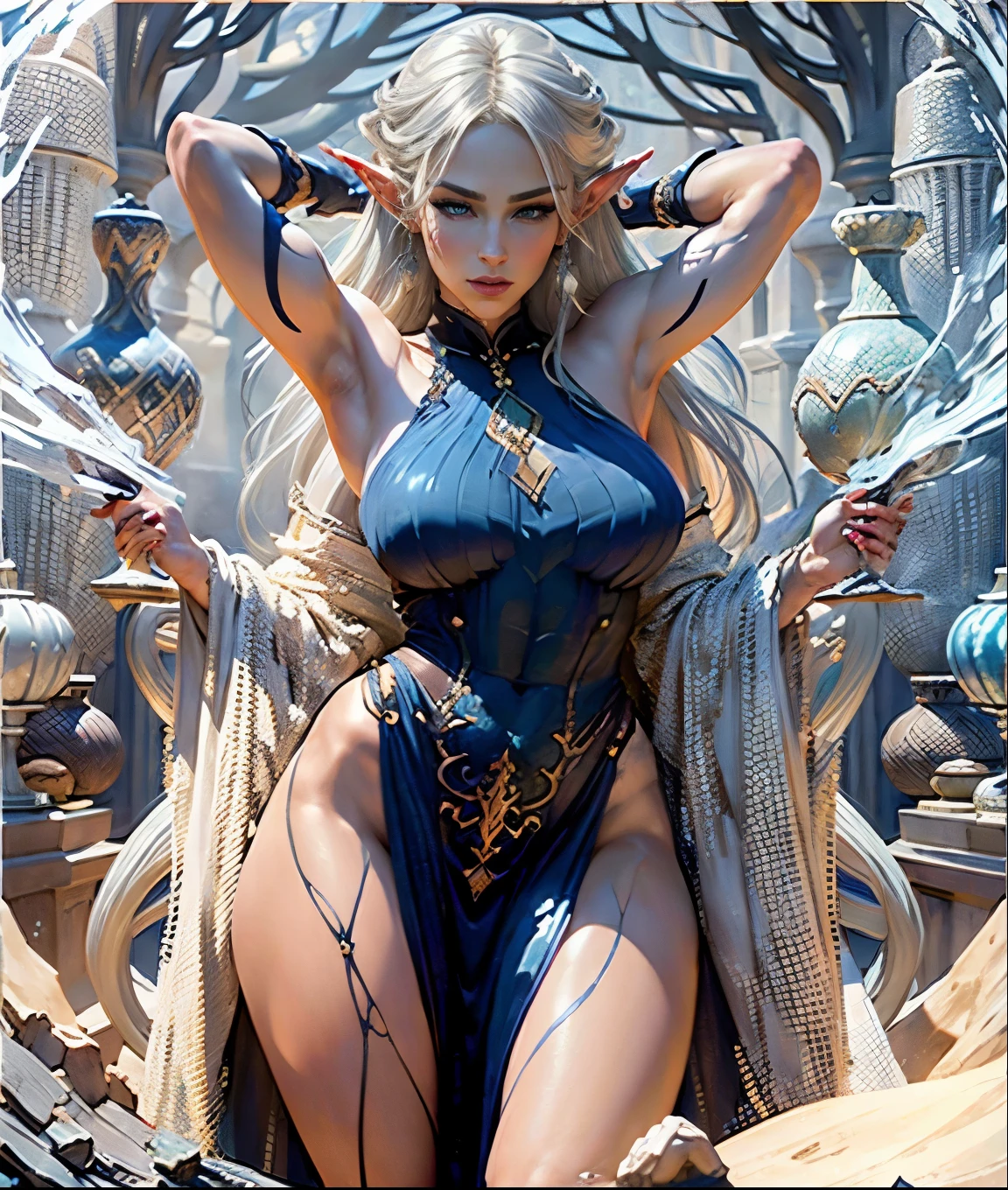 a beautiful nude elf woman, large breasts, grey hair, blue eyes, slender muscular body, seductive gaze, detailed face, extremely detailed eyes, detailed lips, long eyelashes, fantasy, cinematic lighting, dramatic colors, highly detailed, photorealistic, 8k, best quality