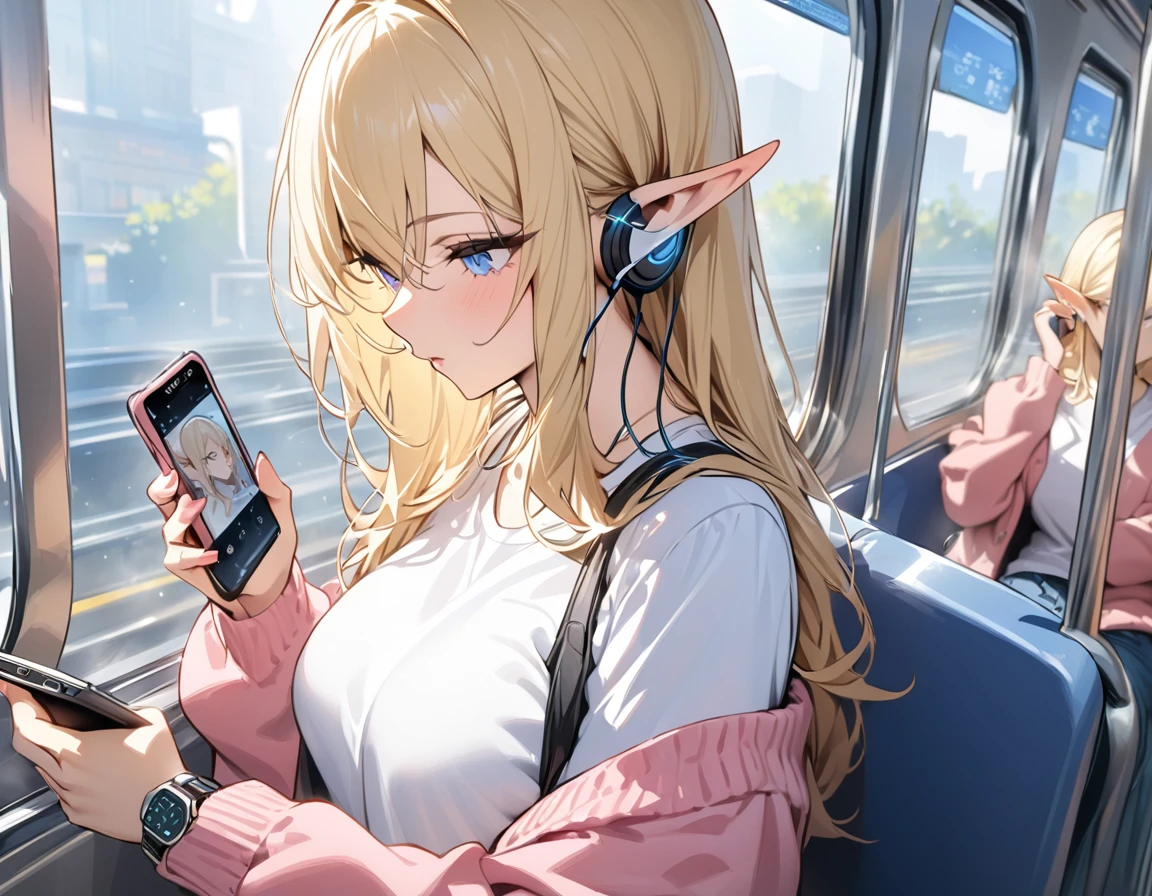 ((highest quality)), ((masterpiece)), (be familiar with), perfect face, elf, pointy ears, blonde hair, Bluetooth earphones, listening to music using earphones, operating a smartphone, White T-shirt, light cardigan, pink cardigan, Denim skirt, On the train, wristwatch