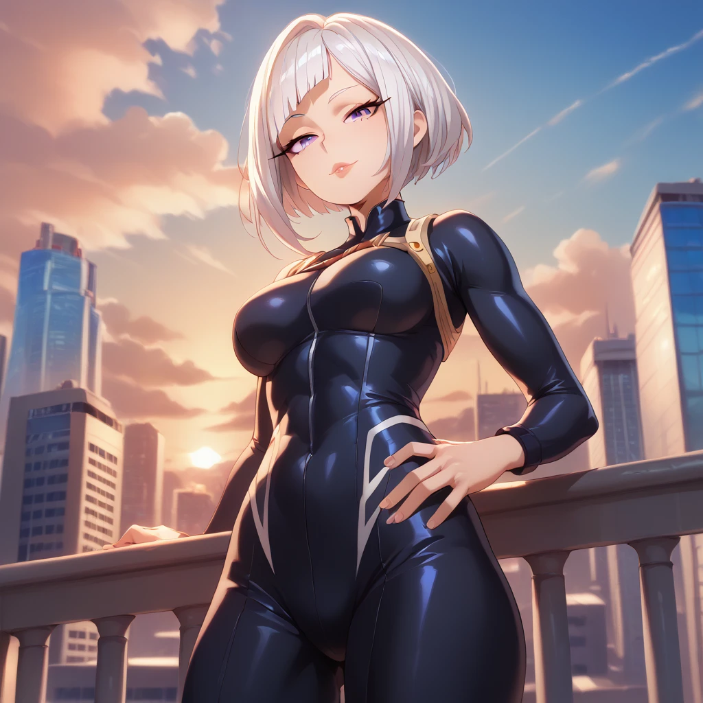 (NSFW) Detailed, best quality, 1 female, low angle, cowboy shot, big tits, My Hero Academia style, black hero suit, World Hero Association suit, short white hair, under-cut hair, purple eyes, fully lidded eyes, puckered lips, evil eyes, no smile, stocky, muscular, balcony, city background, sunset coast