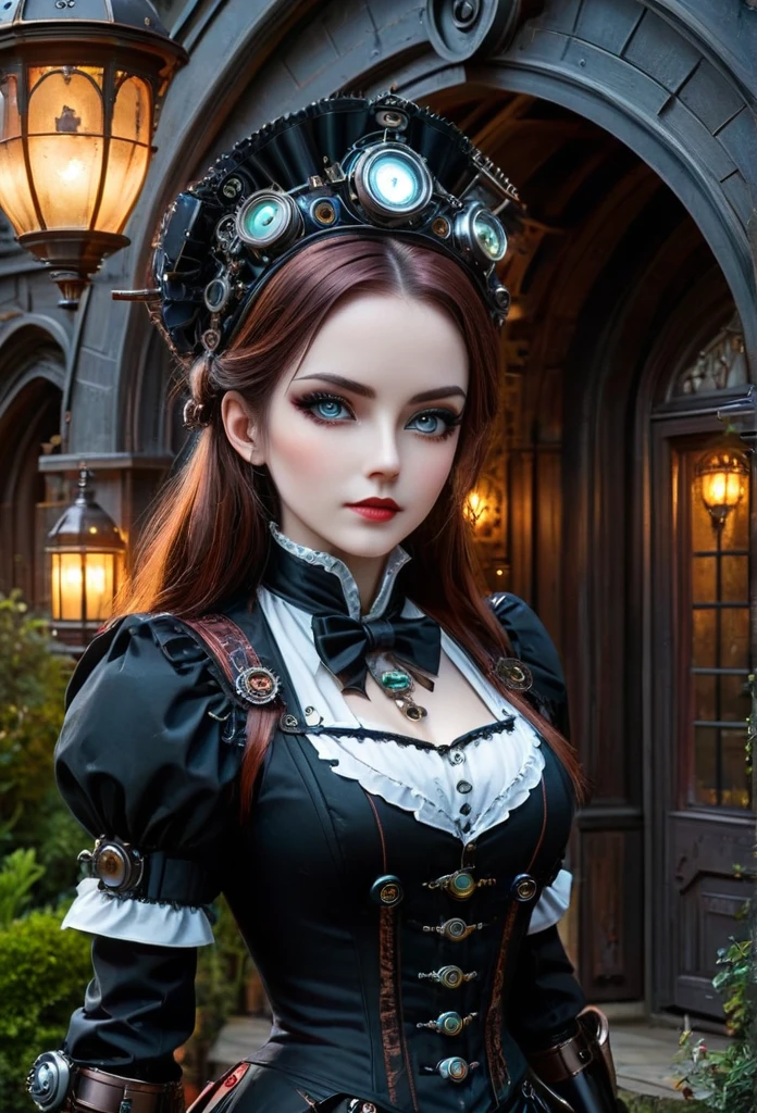 Full moon night，Robot butler at the entrance to the vampire castle garden，Detailed mechanical parts, Butler outfit, Cybernetic eyes，Victorian style, steampunc,  Mechanical joint，detailed detail, ambientlighting，training maid