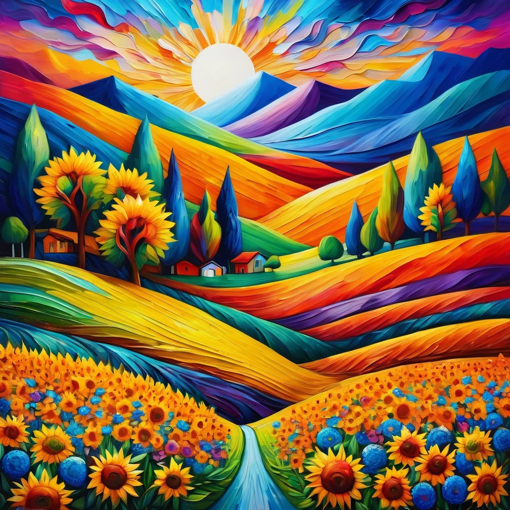 Masterpiece, best composition, dynamic composition, colorful landscape painting with sunflowers, trees and hills, colorful landscape painting, psychedelic landscape, vivid oil painting, vivid abstract landscape, color field painting. 8K, amazing colorful landscape, detailed impasto, colorful oil painting, psychedelic sky, mountains and colorful sun, painted landscape, colorful sky, hills with flowers, big trees on hills, summer day psychedelic, big colorful picture.