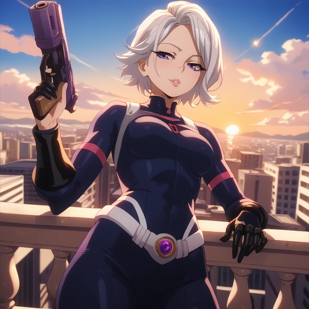 (NSFW) Detailed, best quality, 1 female, low angle, cowboy shot, big tits, MHA style, World Hero Association suit, gun gauntlets, short white hair, spiky hair, purple eyes, fully lidded eyes, puckered lips, evil eyes, no smile, stocky, muscular, balcony, city background, sunset sky, coast