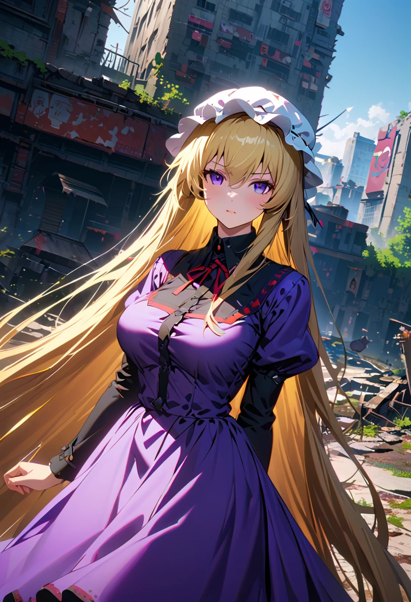 {yakumo_yukari_Touhou:1.15},Long shot of a girl standing in the ruins of a high-rise building,Ivy-covered ruins,(((Ruins of a big city)),((masterpiece, Highest quality, Extremely detailed CG, unity 8k wallpaper )),(masterpiece, Highest quality, Highest quality, Official Art, beautiful,aesthetic:1.2),Purple Dress,Long skirt,ribbon, hat, mob cap, hat ribbon, white headwear, bangs, breasts, hair between eyes, hair bow, large breasts, very long hair,(((Blonde))),Very colorful,Very vivid,High-precision images,Ultra-high resolution,unrealistic,beautiful顔,Perfect Face,Photorealistic Background,High resolution face,Detailed face,Ray Tracing