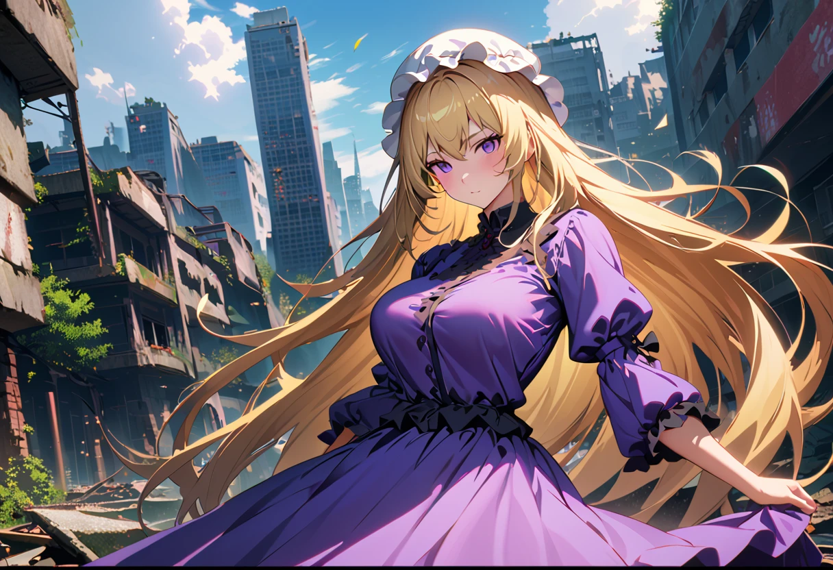 {yakumo_yukari_Touhou:1.15},Long shot of a girl standing in the ruins of a high-rise building,Ivy-covered ruins,(((Ruins of a big city)),((masterpiece, Highest quality, Extremely detailed CG, unity 8k wallpaper )),(masterpiece, Highest quality, Highest quality, Official Art, beautiful,aesthetic:1.2),Purple Dress,Long skirt,ribbon, hat, mob cap, hat ribbon, white headwear, bangs, breasts, hair between eyes, hair bow, large breasts, very long hair,(((Blonde))),Very colorful,Very vivid,High-precision images,Ultra-high resolution,unrealistic,beautiful顔,Perfect Face,Photorealistic Background,High resolution face,Detailed face,Ray Tracing