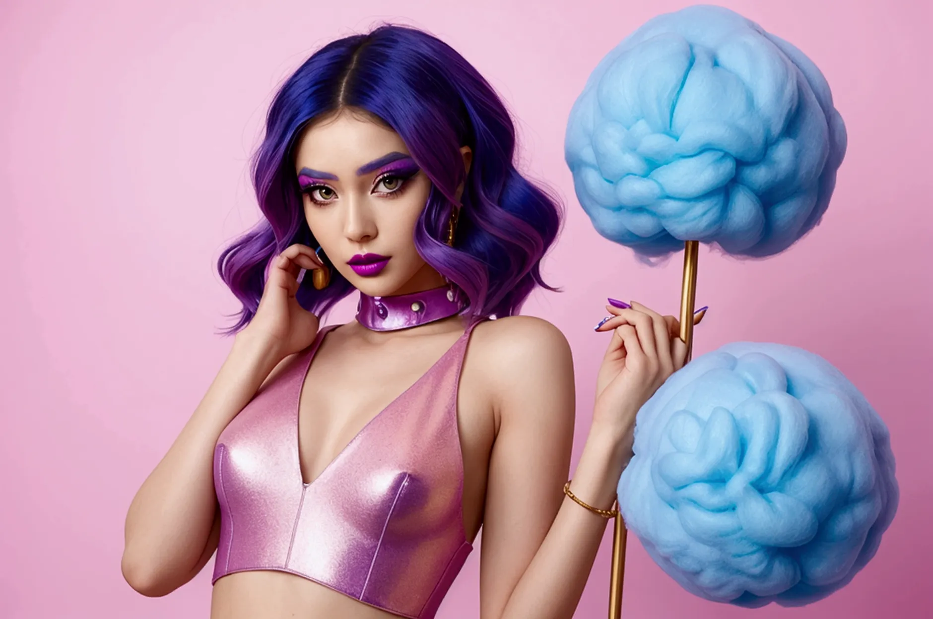 create an image of a futuristic model with vibrant blue and purple hair styled in soft waves. the model should have a striking a...