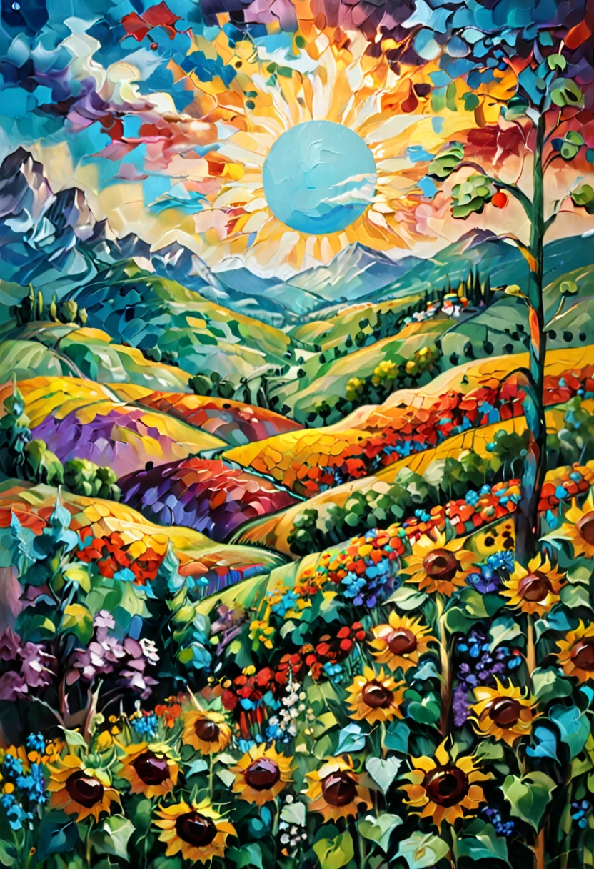 Masterpiece, best composition, dynamic composition, colorful landscape painting with sunflowers, trees and hills, colorful landscape painting, psychedelic landscape, vivid oil painting, vivid abstract landscape, color field painting. 8K, amazing colorful landscape, detailed impasto, colorful oil painting, psychedelic sky, mountains and colorful sun, painted landscape, colorful sky, hills with flowers, big trees on hills, summer day psychedelic, big colorful picture.