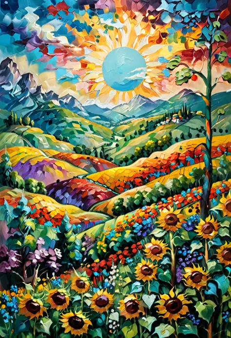 masterpiece, best composition, dynamic composition, colorful landscape painting with sunflowers, trees and hills, colorful lands...