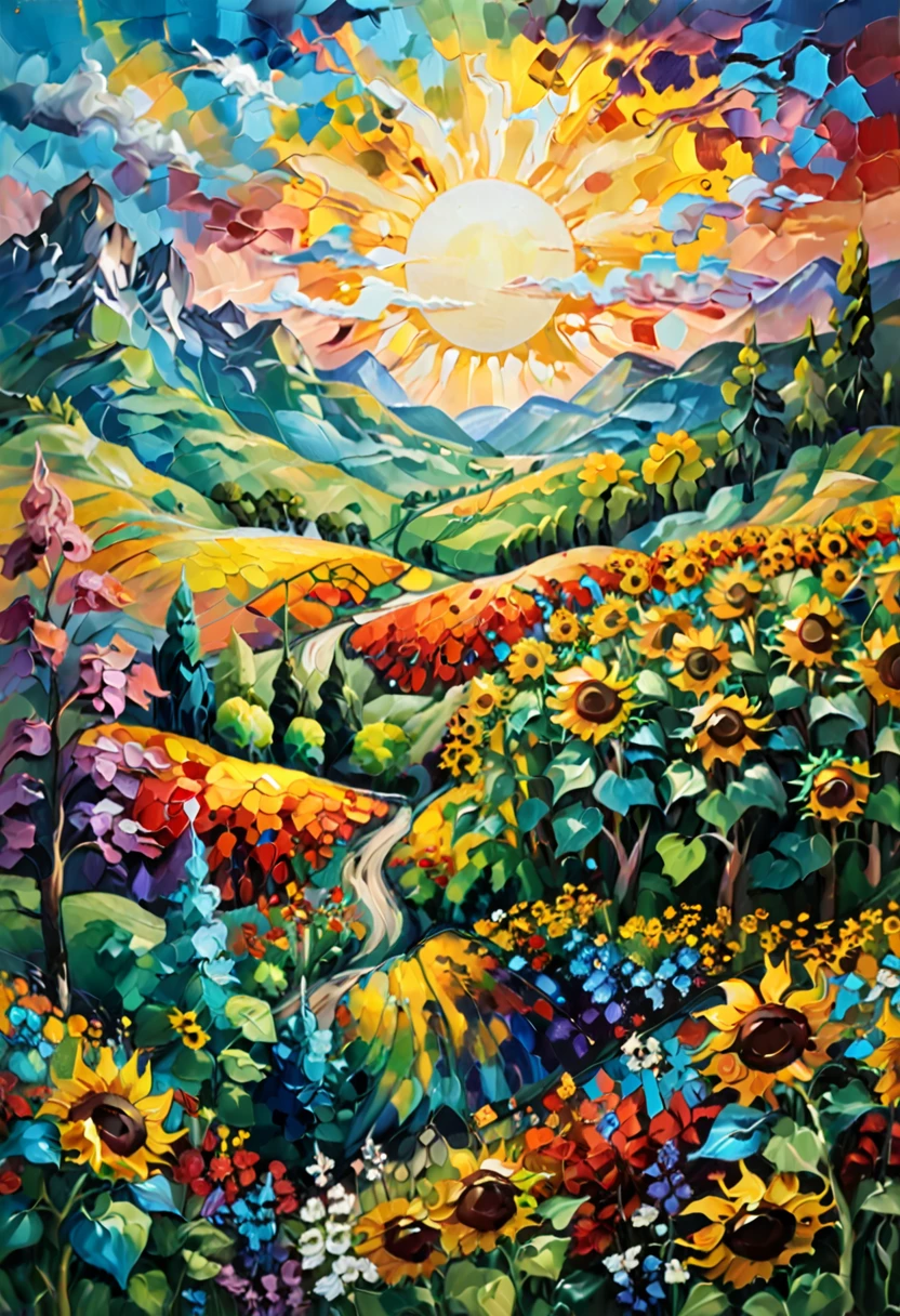 Masterpiece, best composition, dynamic composition, colorful landscape painting with sunflowers, trees and hills, colorful landscape painting, psychedelic landscape, vivid oil painting, vivid abstract landscape, color field painting. 8K, amazing colorful landscape, detailed impasto, colorful oil painting, psychedelic sky, mountains and colorful sun, painted landscape, colorful sky, hills with flowers, big trees on hills, summer day psychedelic, big colorful picture.