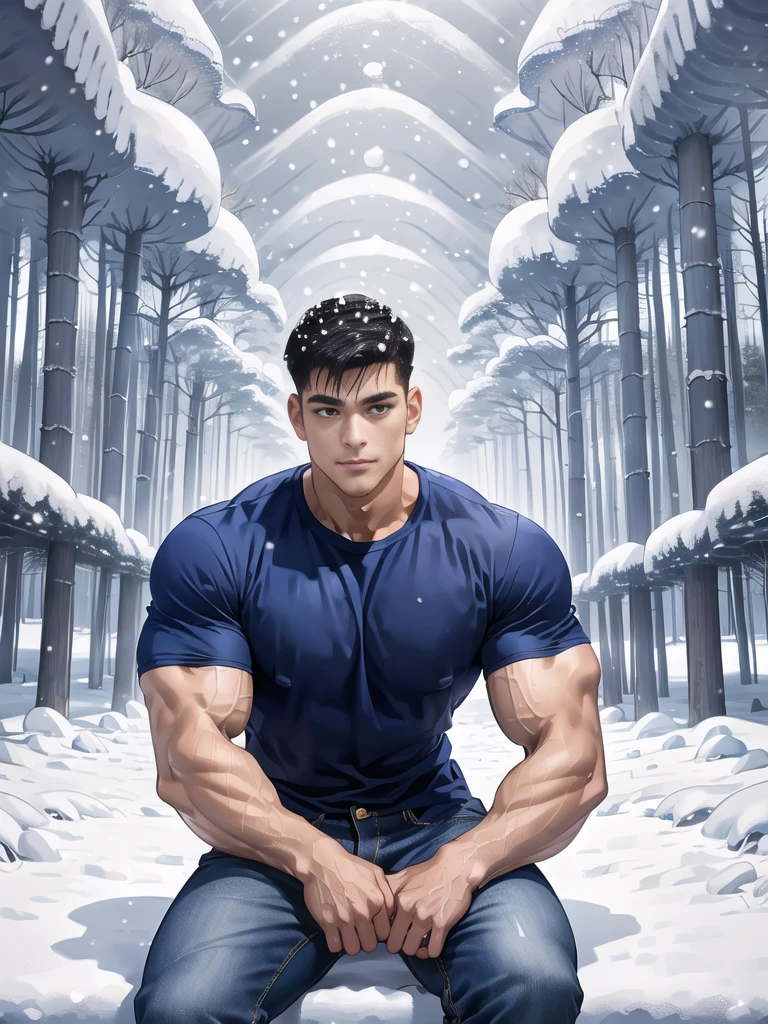 Handsome young man sitting in front of the house,(Thin mustache:0.8), alone, (ฺBuzz Cut:0.8), (Wear a navy blue t-shirt.:1.2),Blue Jeans,(Wear a black watch.),Korean people,chest muscles,large arm muscles,blood vessel,big muscles,Broad shoulders,(Snow Forest:1.4),