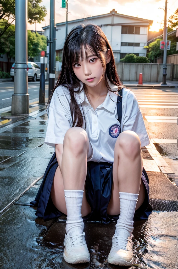 Japanese schoolgirl sitting on the ground, On the street after the rain where the setting sun shines through, Spread Knees Up, (((realistic))), (((High resolution)))