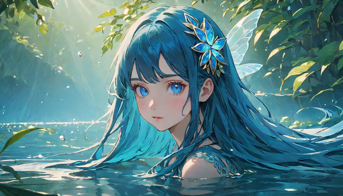 blue eyes beautiful water fairy girl, full body, Game Art Style, (masterpiece), highest quality, High resolution, 4k, 8K, Detail view, intricate details, cinematic lighting, amazing quality, blue long hair, great shading, soft lighting, Face-to-face camera, perfect eyes,lake
