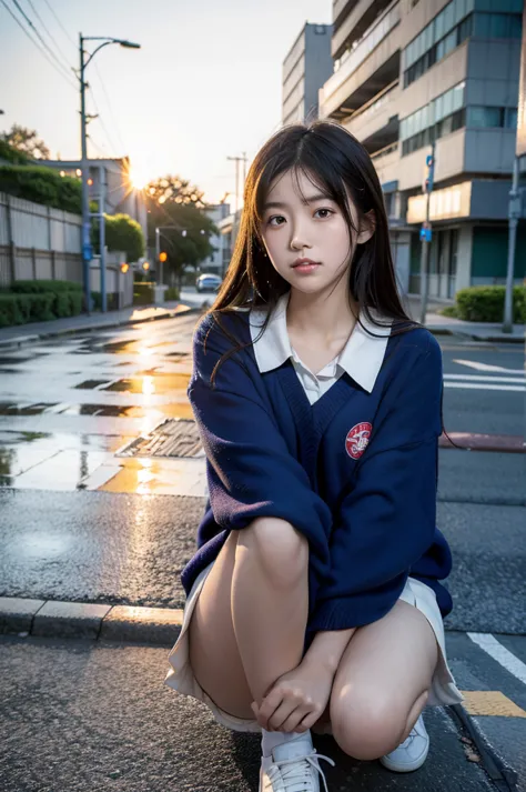 japanese schoolgirl sitting on the ground, on the street after the rain where the setting sun shines through, spread knees up, (...