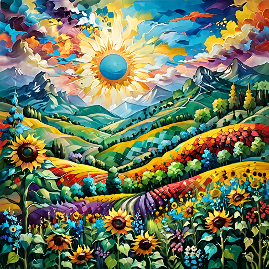 Masterpiece, best composition, dynamic composition, colorful landscape painting with sunflowers, trees and hills, colorful landscape painting, psychedelic landscape, vivid oil painting, vivid abstract landscape, color field painting. 8K, amazing colorful landscape, detailed impasto, colorful oil painting, psychedelic sky, mountains and colorful sun, painted landscape, colorful sky, hills with flowers, big trees on hills, summer day psychedelic, big colorful picture.