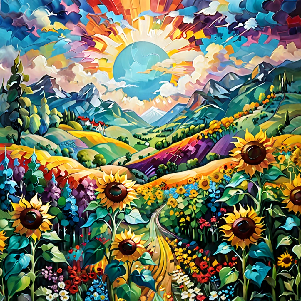 Masterpiece, best composition, dynamic composition, colorful landscape painting with sunflowers, trees and hills, colorful landscape painting, psychedelic landscape, vivid oil painting, vivid abstract landscape, color field painting. 8K, amazing colorful landscape, detailed impasto, colorful oil painting, psychedelic sky, mountains and colorful sun, painted landscape, colorful sky, hills with flowers, big trees on hills, summer day psychedelic, big colorful picture.